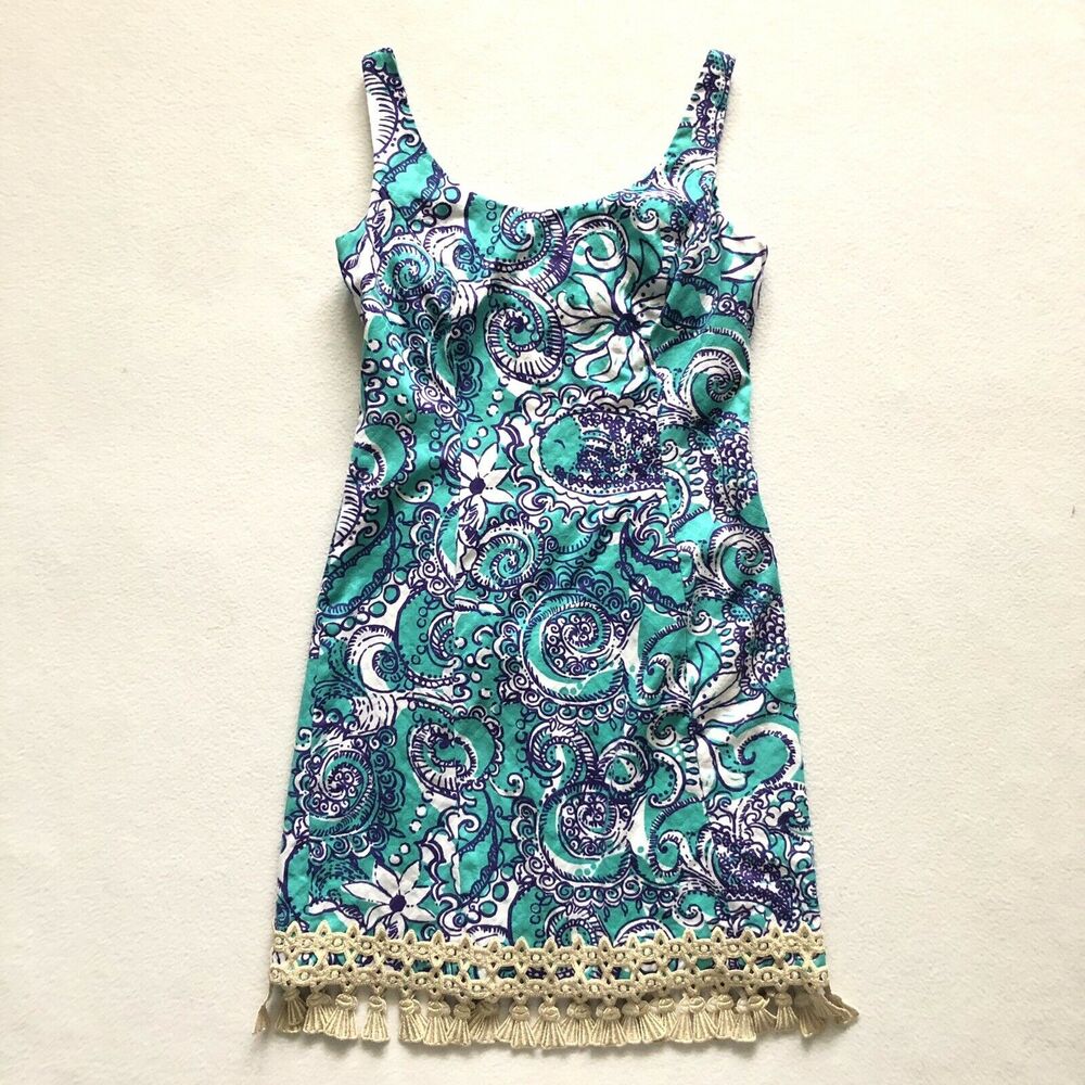 Lilly Pulitzer Women Seafoam Montauk Gold Tassel Eaton Shift Sleeveless Dress 0 - Picture 1 of 11